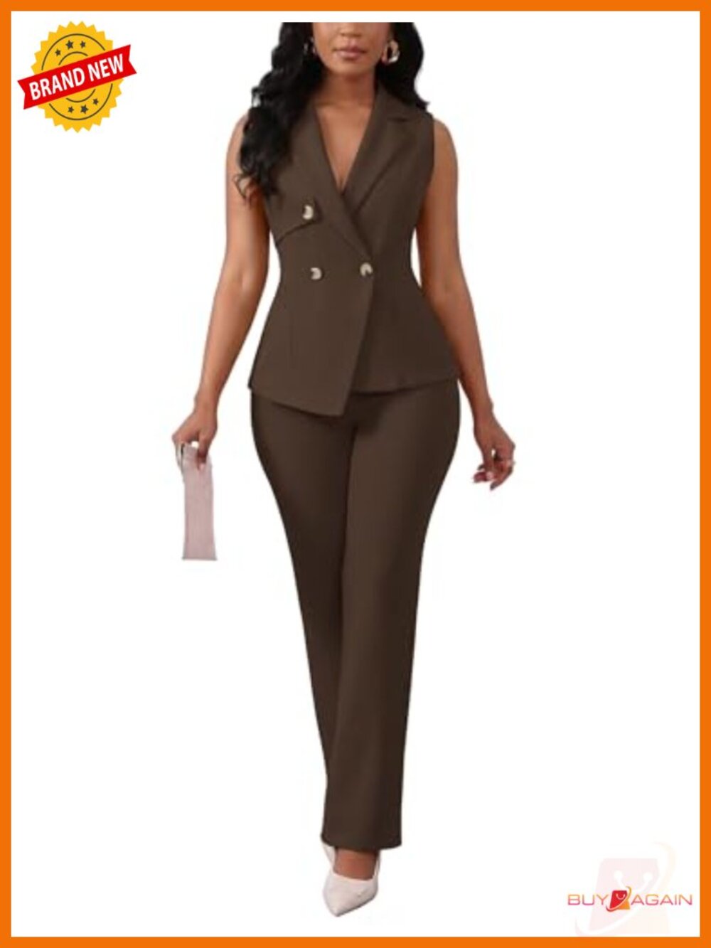 2 Piece Pants Suit Set V Neck Sleeveless Vest Wide Leg Blazer Business Casual